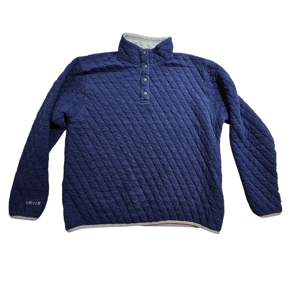 Orvis Quilted Snap Pullover Large Navy Blue Mock Neck Sweatshirt 300790